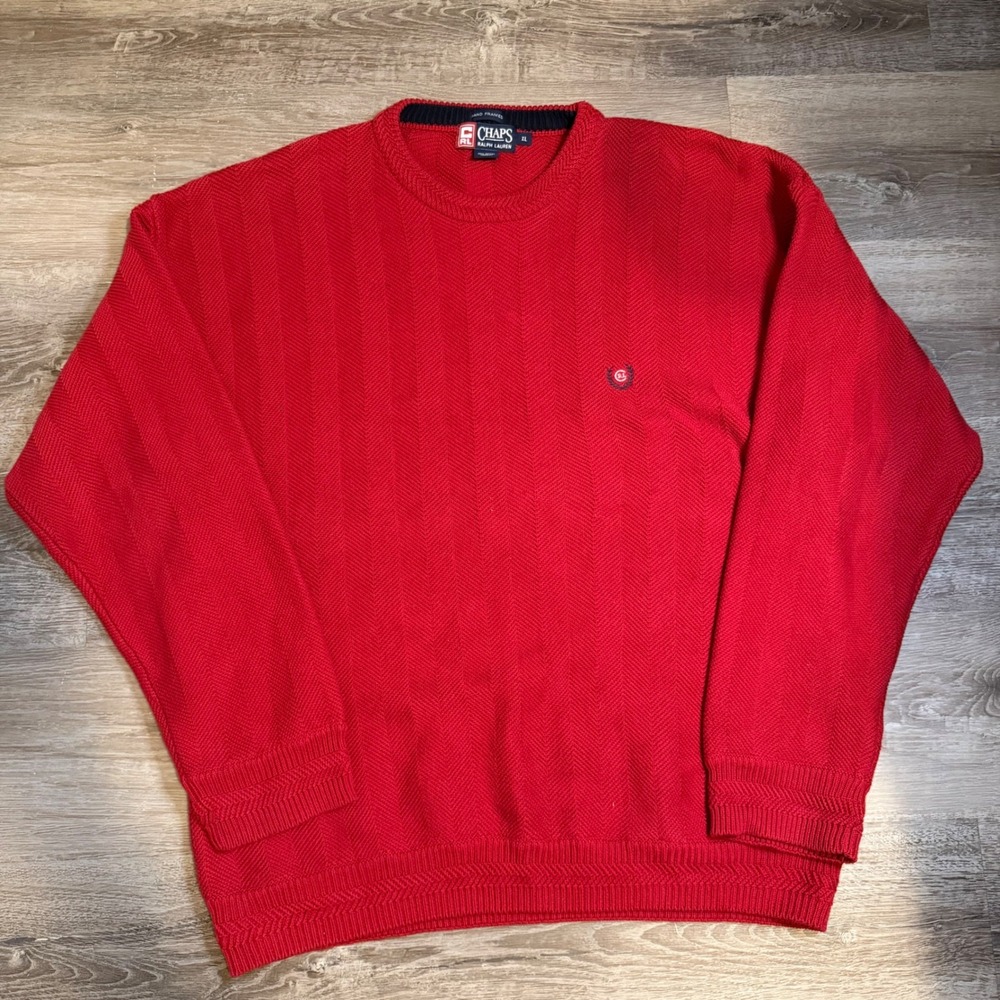 Chaps Ralph Lauren Mens XL Red Herringbone Cotton Crewneck Sweater Vintage 90s